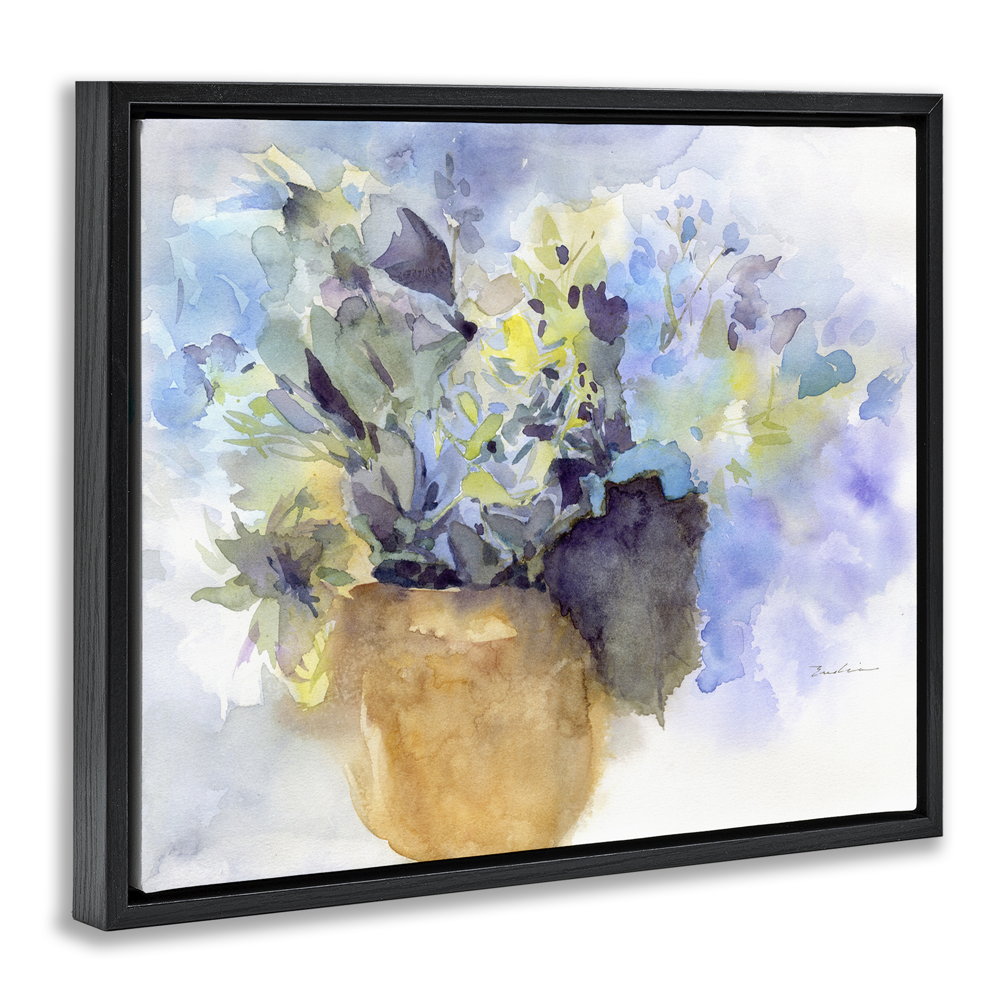 Stupell Industries Watercolor Blue Hydrangea Botanical & Floral Painting Black Floater Framed Art Print Wall Art, 21 x 17