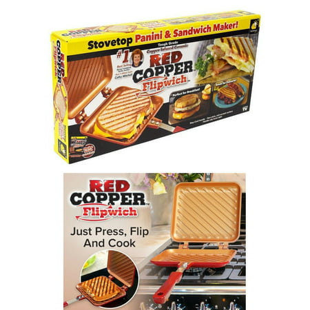 Red Copper Flipwich Stovetop Panini Sandwich Maker Grill Nonstick Induction Bottom + Recipe