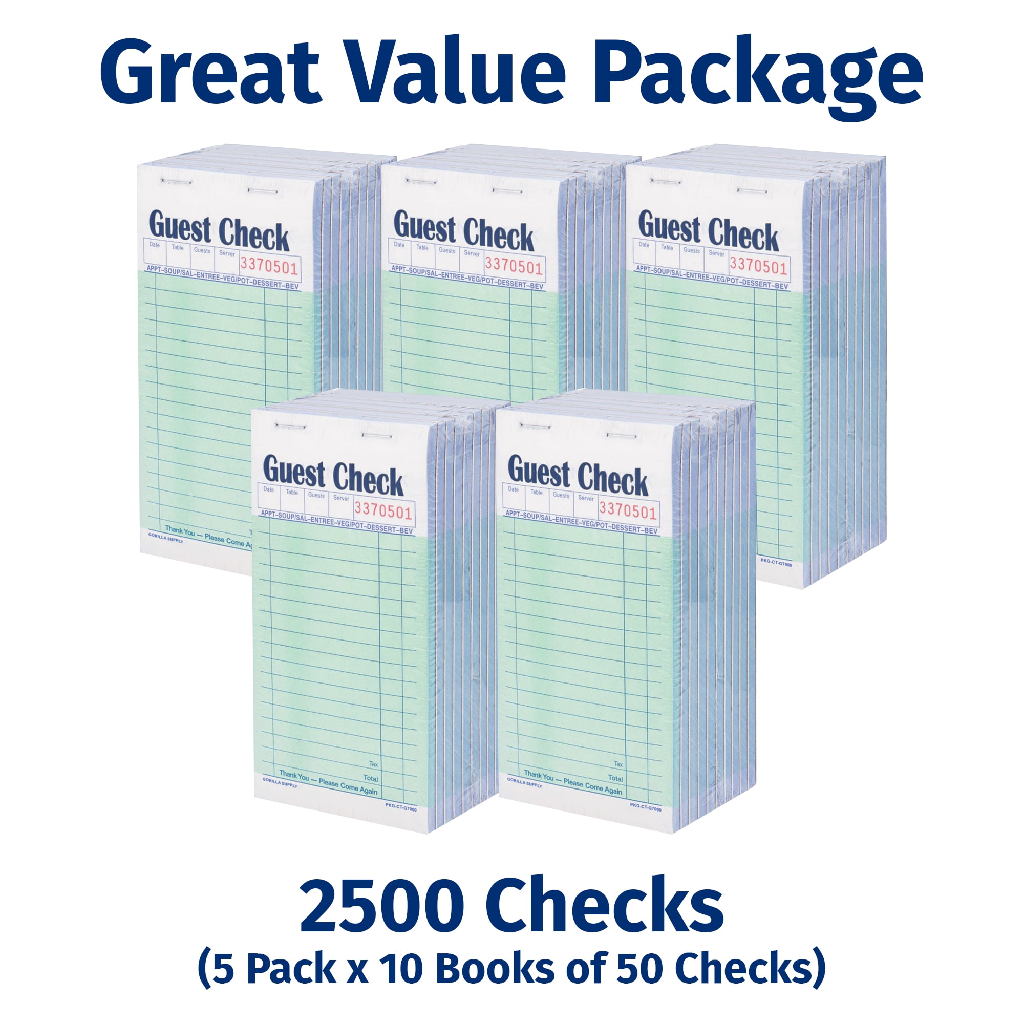 [2500] Gorilla Supply Guest Check Book 3.4" x 6.73" Server Notepads Order Pad for Waiter and Waitress, Carbonless 2-ply Perforated Checks, Green, 2500 (5 pkg x 50 Sets x 10 Books)