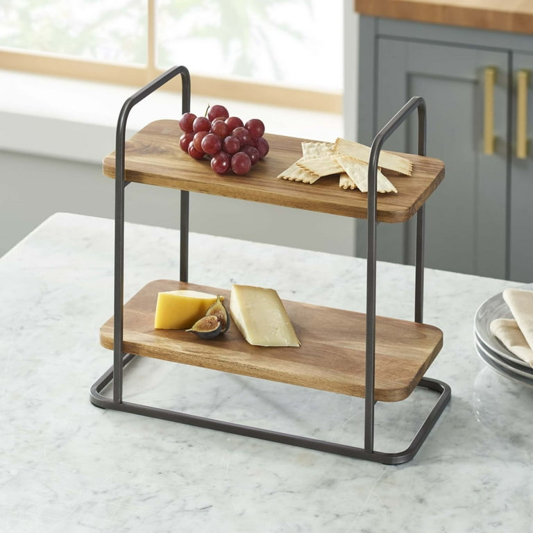 Better Homes & Gardens Rectangle Two-Tier Wood Serving Tray, 14.29 L x  7.08 W, Gray