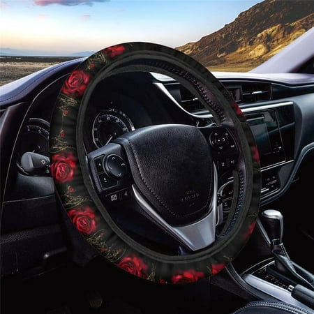 Binienty Red Rose Car Steering Wheel Covers Accessories Universal Decorative Universal Fit for Most Vehicles,Full Lined Soft Padding Durable Auto Steering Wheel Pad for Women Girls Great Gift