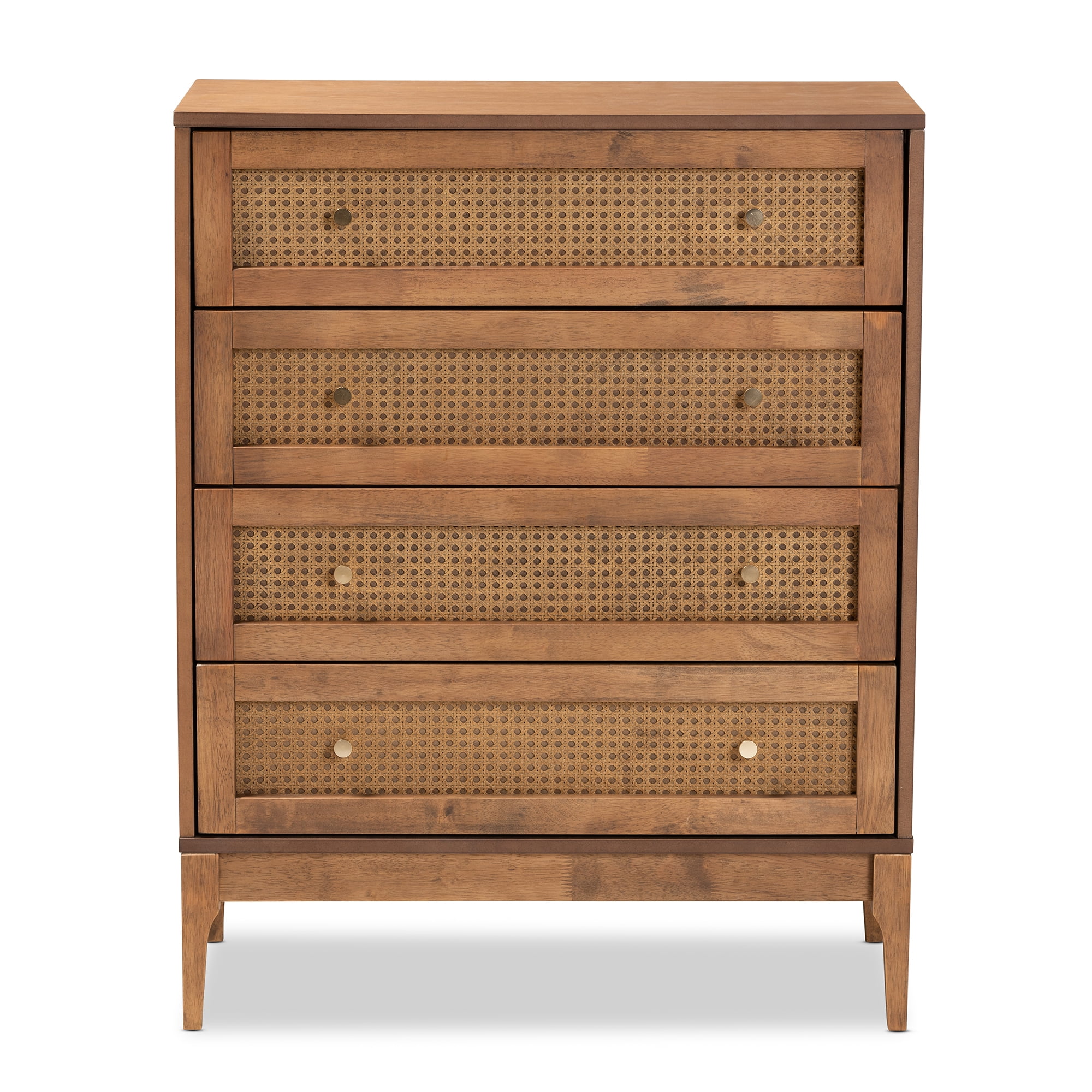 Baxton Studio Ramiel Mid-Century Modern Ash Walnut Finished Wood and Rattan 4-Drawer Chest