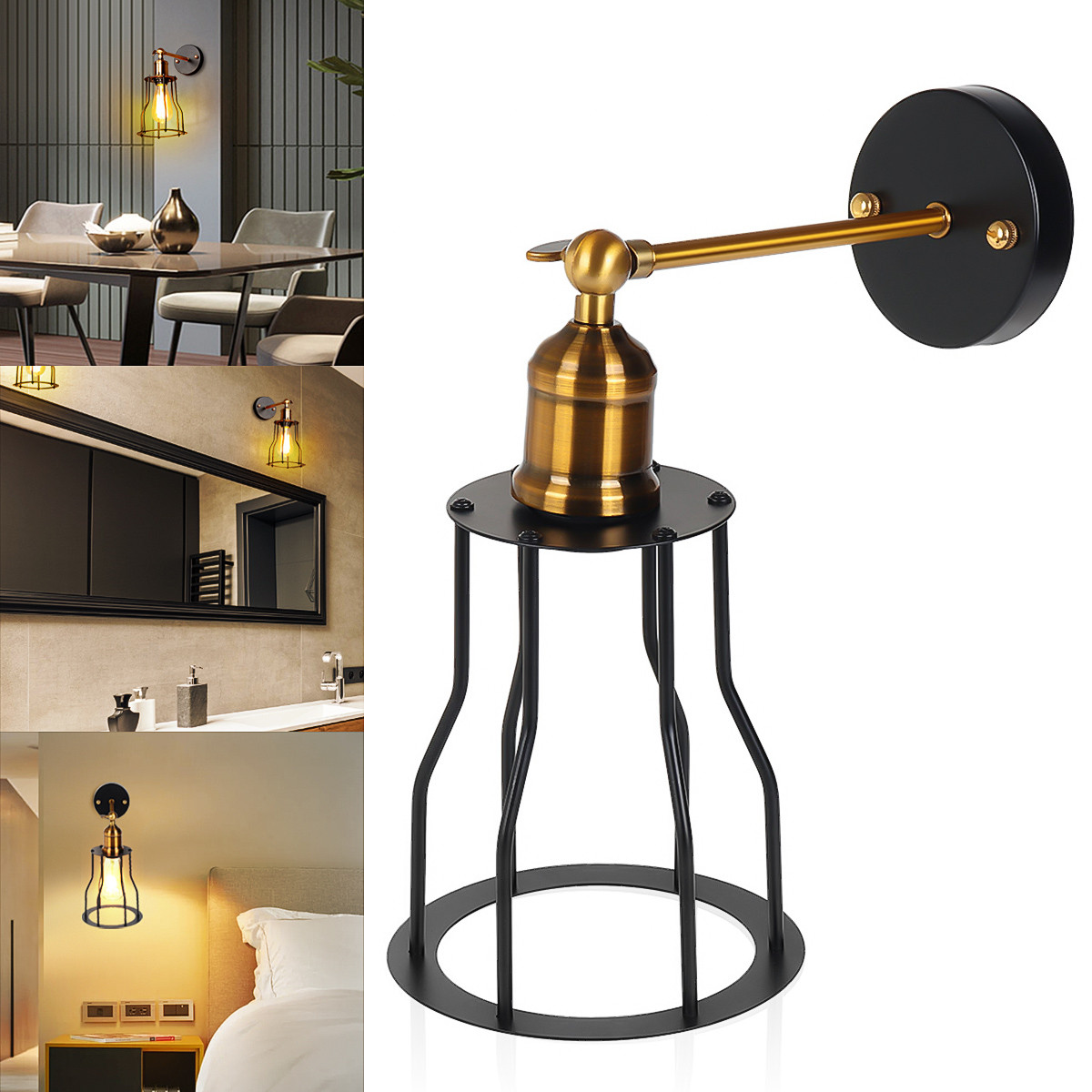 Retro Industrial Swing Arm Wall Lamp Sconce Wire Cage Wall Light Fixture Plug in