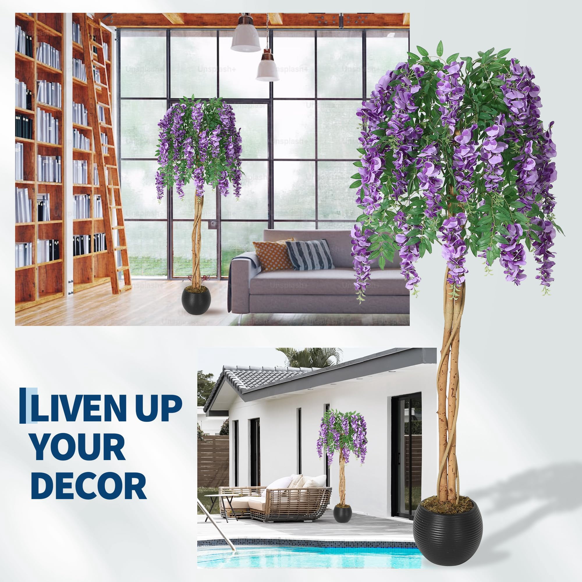 Huisuilinss Artificial Purple Blossom Tree,Artificial Purple Bean Flower Tree,Potted Faux Flower Tree,Silk Faux Plant Fake Tree With Double Trunk,Hanging Vine,Moss For Office Wedding Photo Backdrop
