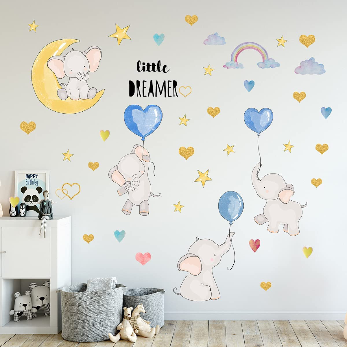 Cute Elephant Love Hearts and Stars Wall Stickers Colorful Balloon Flying Animals Wall Decals DILIBRA Removable Peel and Stick Cartoon Neutral Vinyl Wall Decor for Kids Nursery Bedroom Living Room 