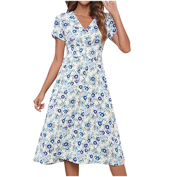 Vestido Corto para las Mujeres con Cuello en V Estampado Elástico de la Cintura de Manga Corta, Vestido Casual de las Mujeres