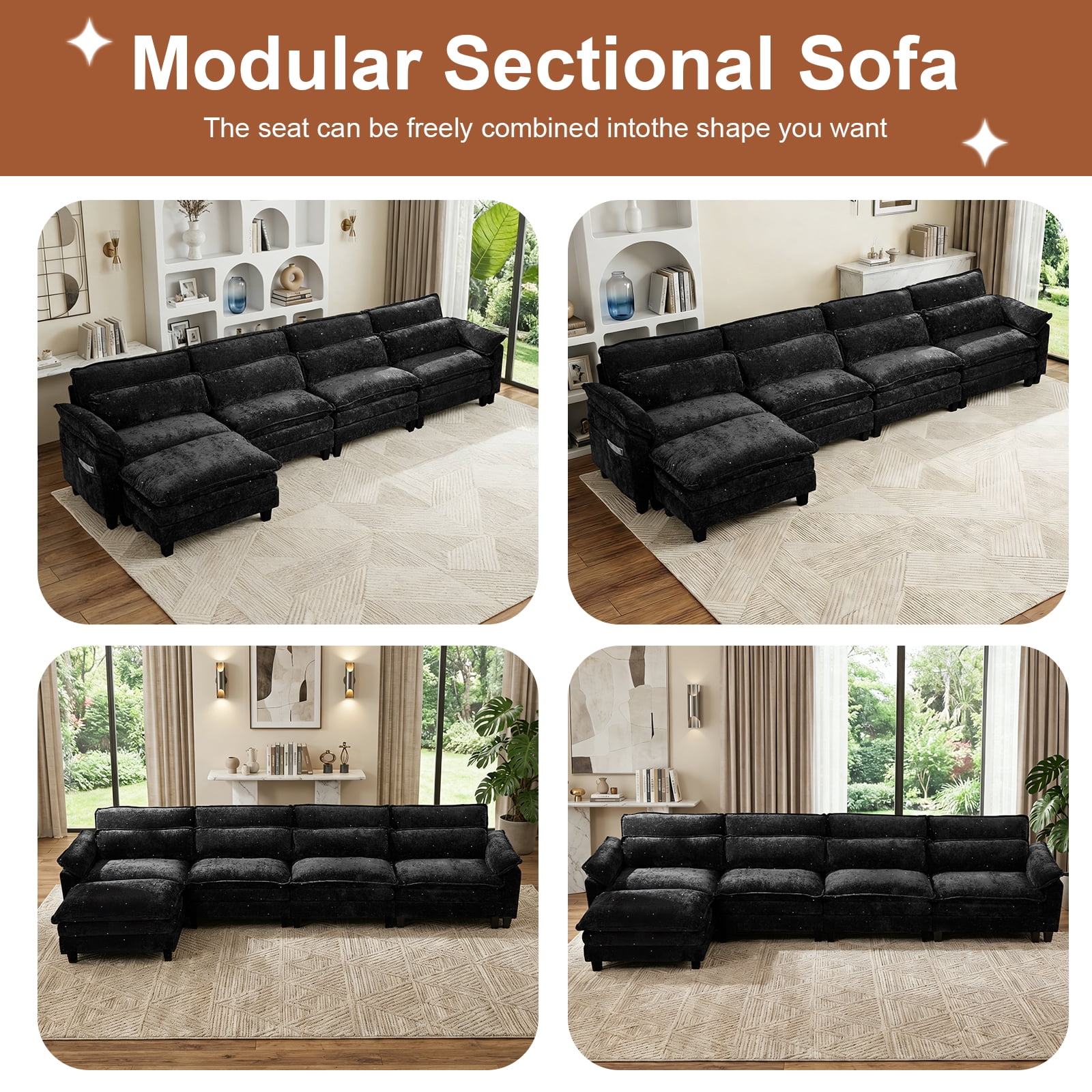 Howcool 148" Modular Sectional Sofa , 4 Seater L-Shaped Cloud Couch with Movable Ottoman, USB Charging Ports & Side Pockets, Sectional couchs for Living Room,Chenille Fabric,Black