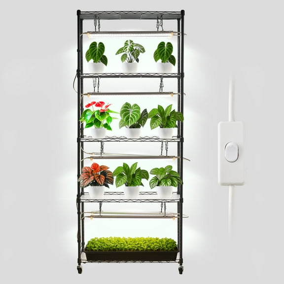 VEVOR DIY Plant Shelf with Grow Lights, 71 in Tall Indoor Plant Stand with Wheels, 192W 5000K Full Spectrum Grow Lights, Heavy Duty Metal Plants Display Rack, Flower Pot Holder for Seed Starting