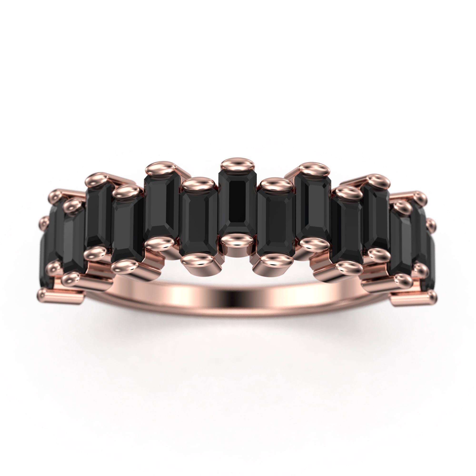 Alternating Wave of Baguette Black Diamond Moissanite Wedding Ring 10K rose gold