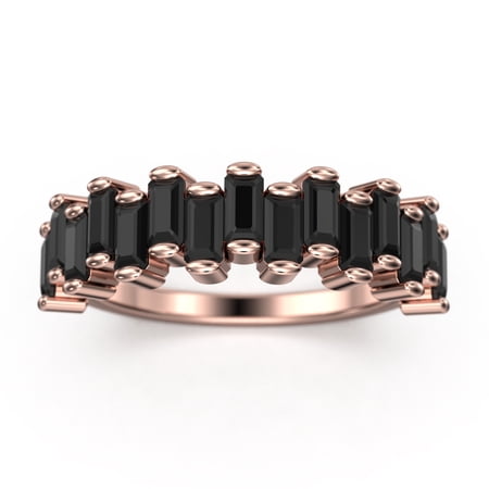 Alternating Wave of Baguette Black Diamond Moissanite Wedding Ring 18K Rose Gold Over Silver