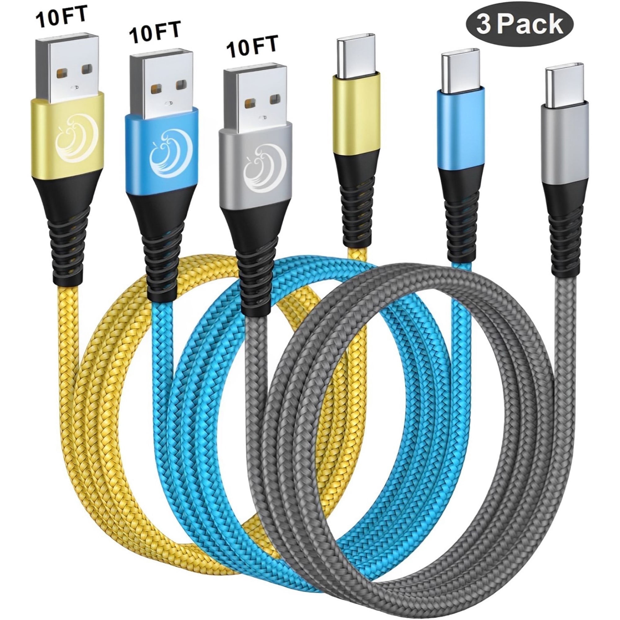 Aioneus USB C Cable 10FT 3Pack, Braided Type C Charger Cord 3A Compatible with Samsung Galaxy Fast Charging, Multicolor