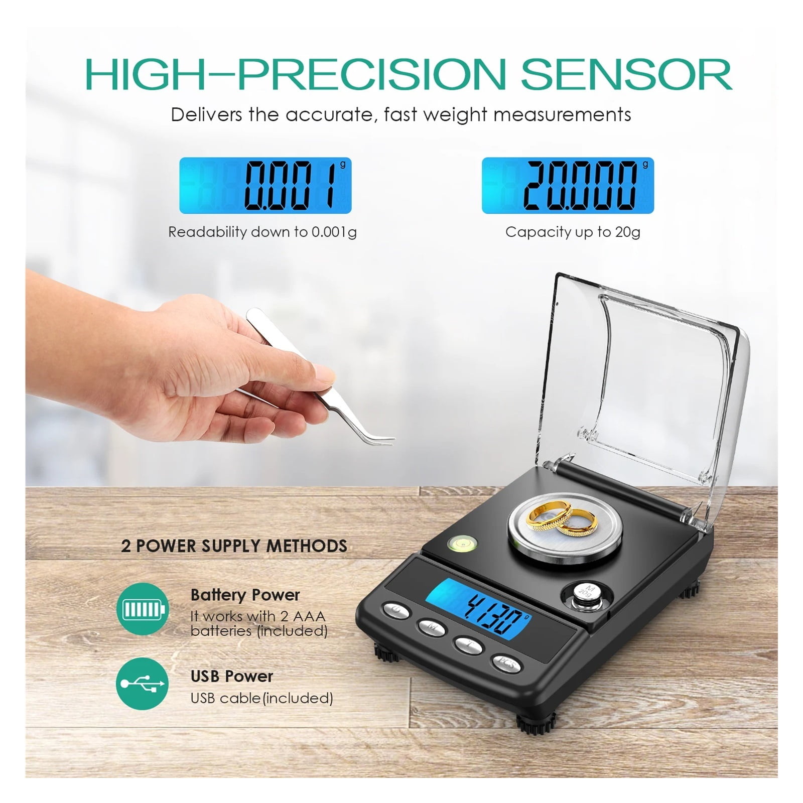 0.001g Precision Digital Jewelry Scale, 20g USB Powered Electronic Weighing Scale, LCD Mini Lab Balance 0.001g Electronic Scales