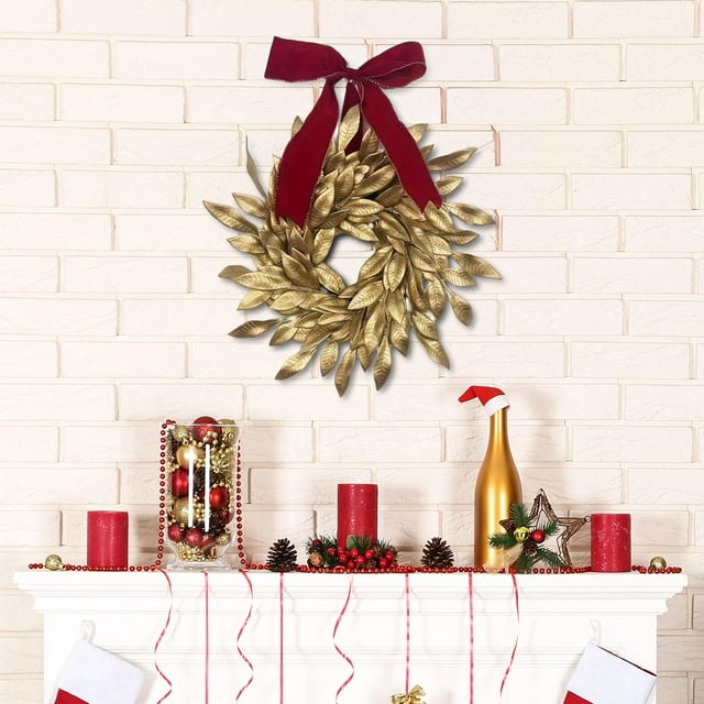 Corona navideña para colgar en pared, adorno para puerta de entrada, regalo para interiores, guirnalda artificial con lazo rojo dorado para
