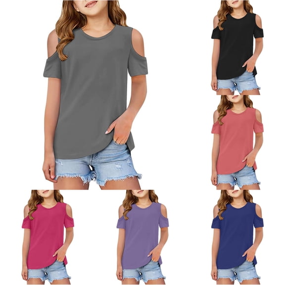 WAYUTE T Shirts for Girls Cold Shoulder Crewneck Solid Color Short Sleeve Summer Tops for Kids Youth Fashion Loose Fit Daily Wear Casual Outdoor T Shirt,Grey