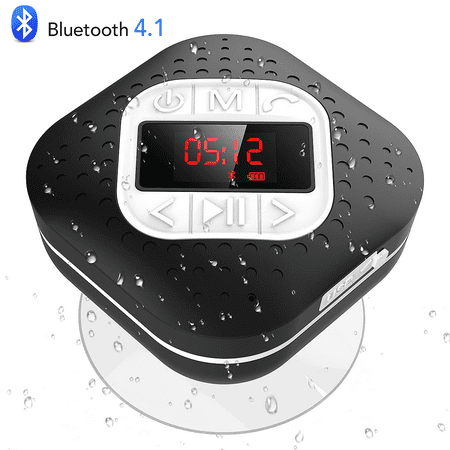 AGPTEK Waterproof Bluetooth Speaker shower Radio LED Screen, Wireless Speaker Suction Cup with Microphone FM (Best Wireless Bluetooth Speakers For Home)