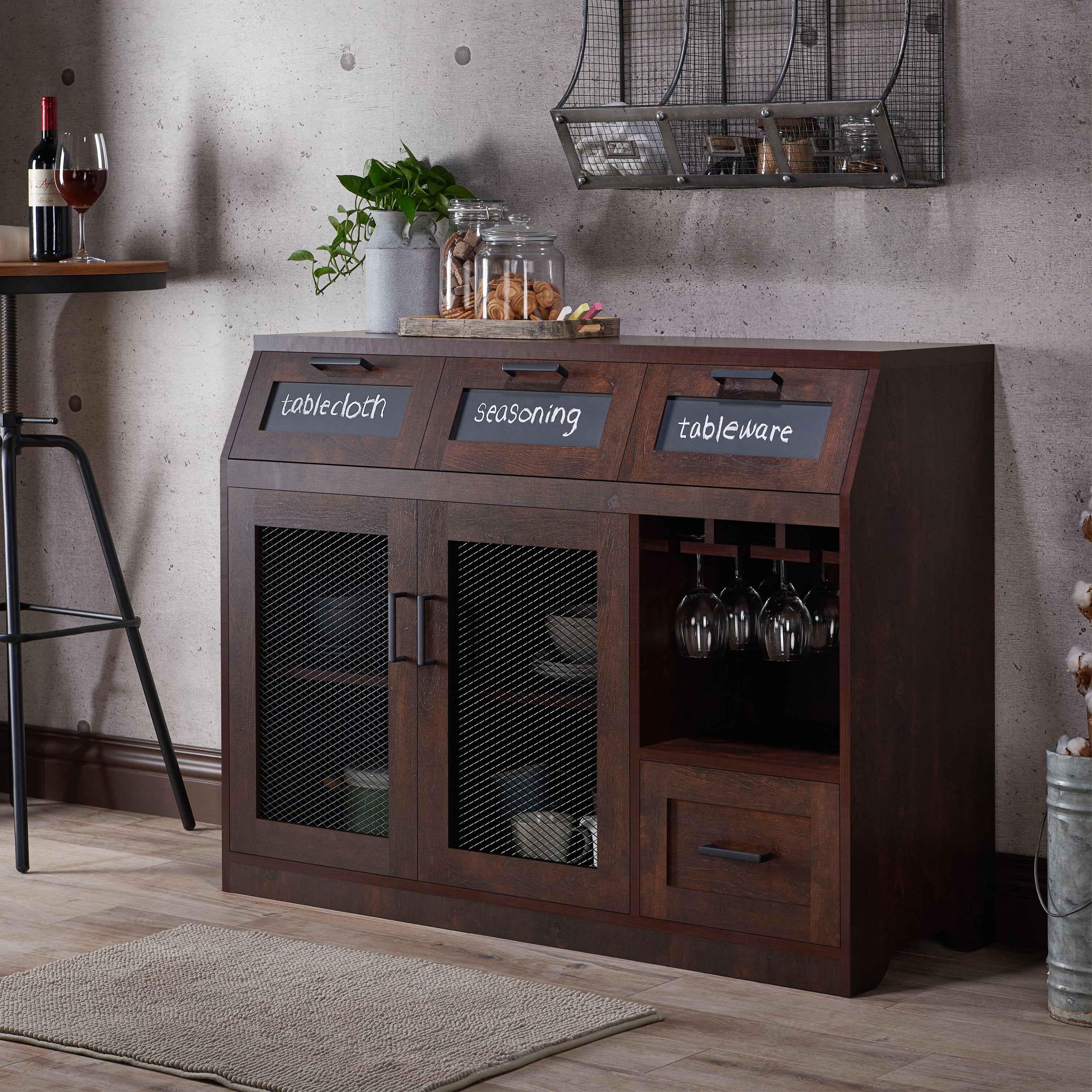 Furniture of America Michigan 47" Industrial Multi-Storage Sideboard Buffet, Vintage Walnut
