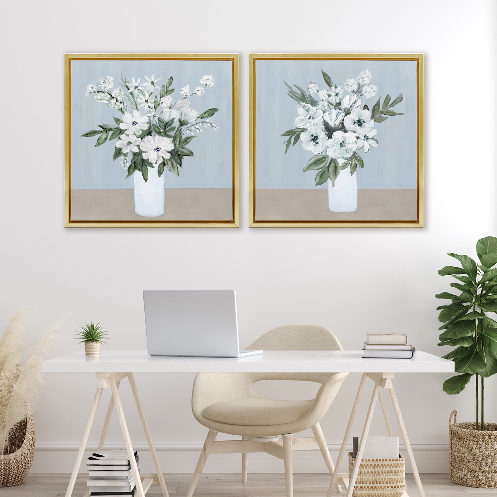 Stupell Industries Mixed White Blossoms 2 Piece Gold Framed Floater Canvas Set, design by Marilyn Dunlap