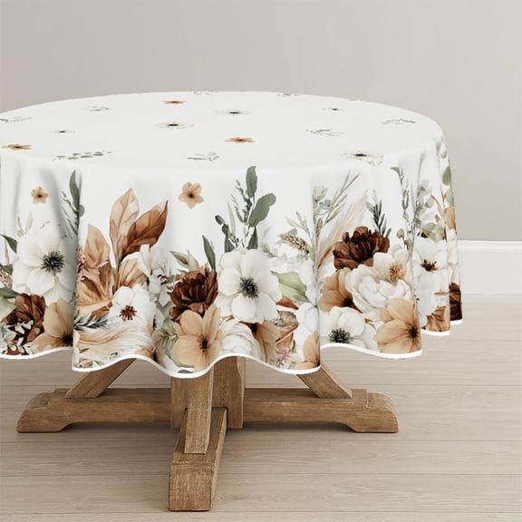Spring Tablecloth 70×70 Inch Round, Boho Naturalistic Style Brown Flower Washable Seasonal Table Cover for Party Picnic Dinner Decor