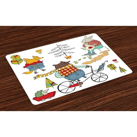 Animal Placemats Set of 4 Bear on Bicycle Fox in Raincoat and Bunny with a Teapot Urban Forest Characters, Washable Fabric Place Mats for Dining Room Kitchen Table Decor,Multicolor, by