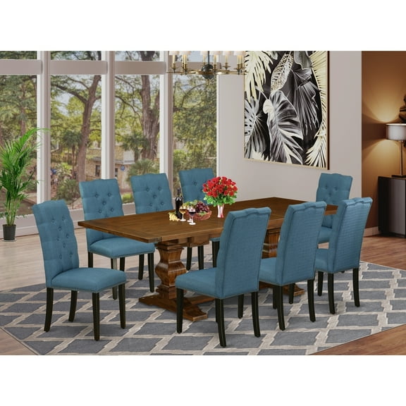Modern 9-Piece Dining Set - Rectangular Table8 Linen Fabric Chairs - Antique WalnutBlack Finish