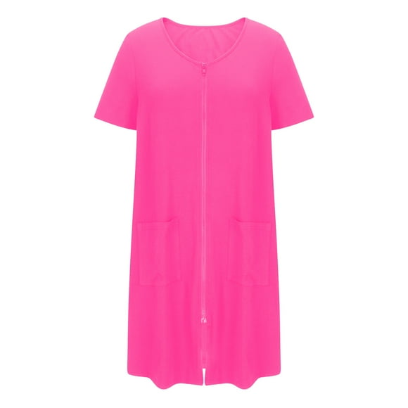 Women's Zipper Robe, Short Sleeves Zip up Bathrobe Soft Short Nightgown Housecoat with Pockets Bride Pajama Skirt S