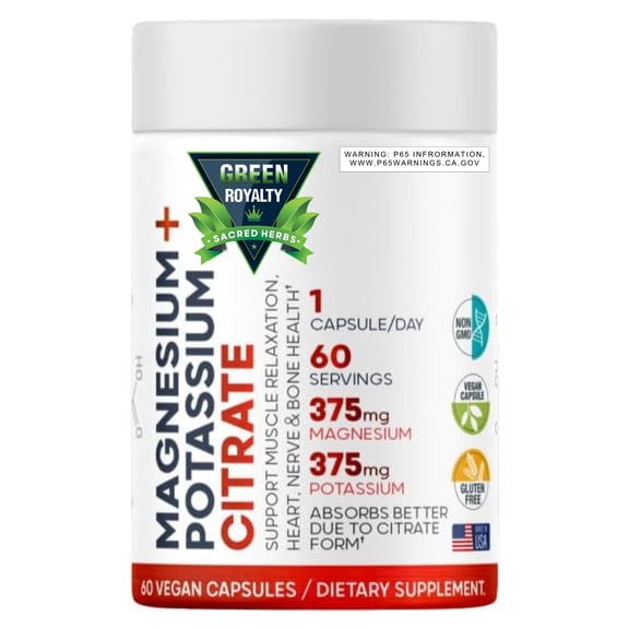 GREEN ROYALTY-Magnesium Citrate Potassium 60 Premium Vegan Capsules(Citrate 375 mg) (375mg Potassium) Non GMO, Gluten Free - High Absorption Supplement Made in USA