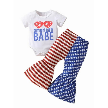

VISgogo Baby Girls Independence Day Outfits Short Sleeve Crew T-Shirt/Romper Star Stripe Long Flared/Triangle Pants Bow Headband