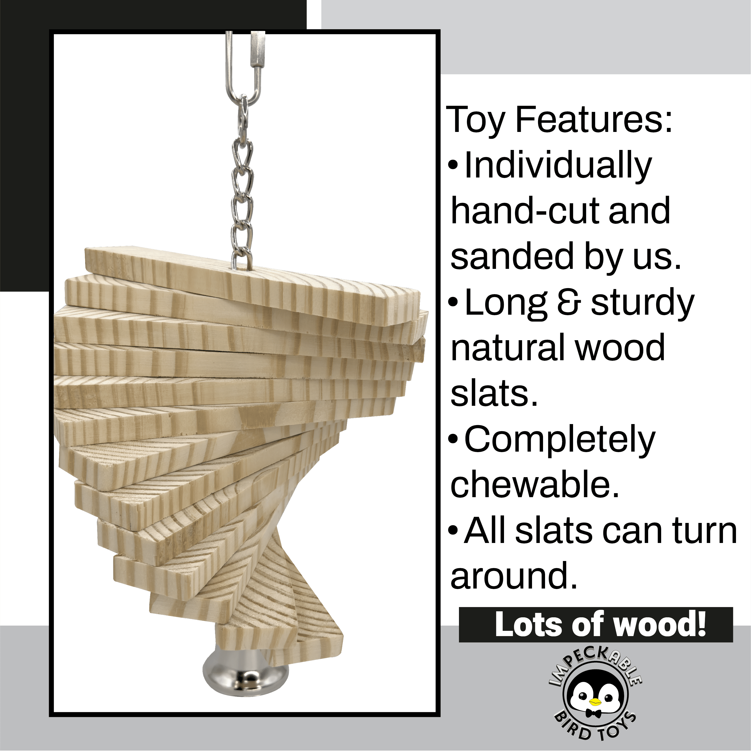 1833 Medium Natural Twirly Bird Toy with Kiln-Dried Wood Slats, Metal Chain and Bell – Handcrafted by Impeckable Bird Toys – Great for Conures, Amazons, African Greys and Medium Birds