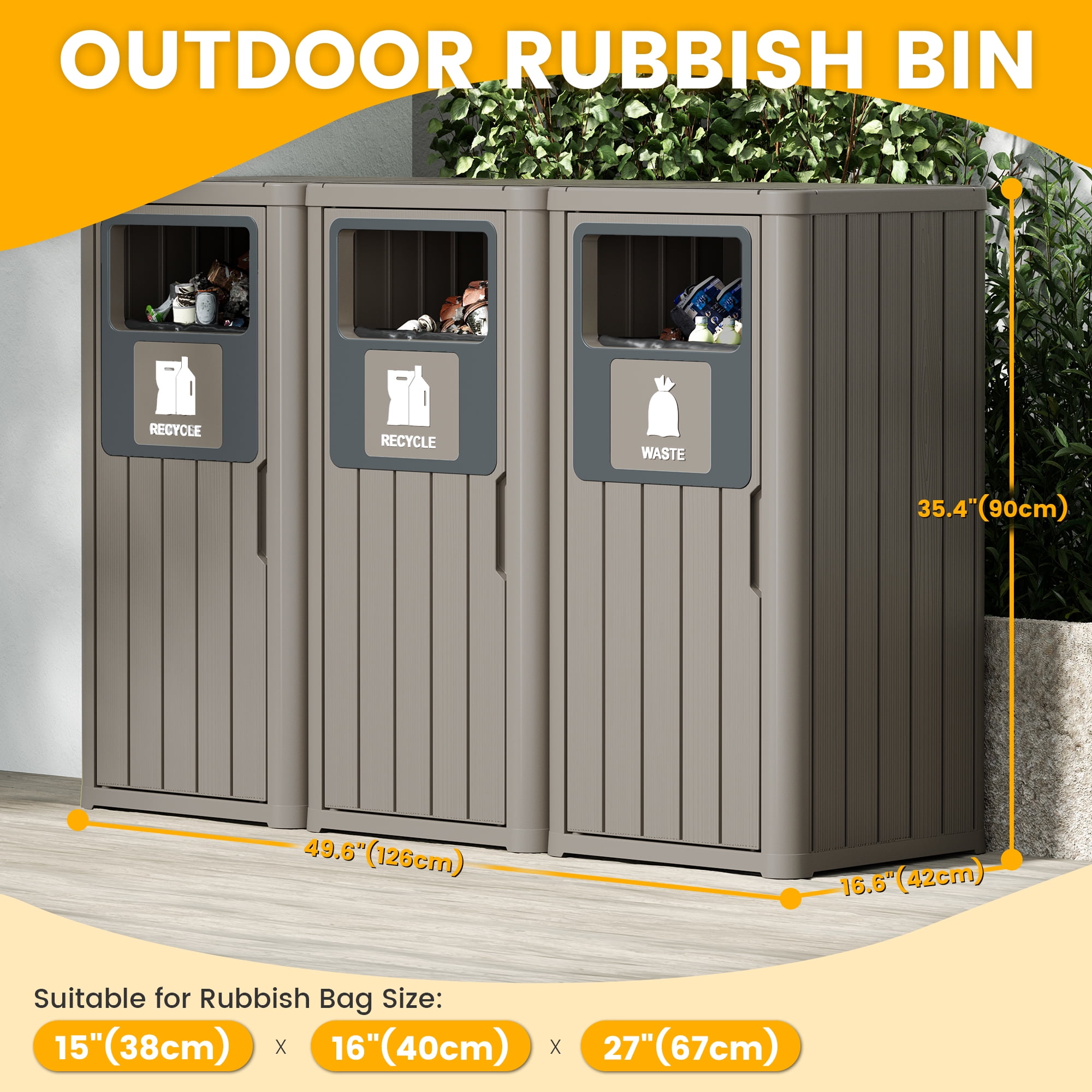 Bifanuo 42 Gallon Triple Bin Trash Can - 3-Pack Waste, Recycling & Compost Bins, Heavy-Duty Waterproof Outdoor Garbage Can for Patio, Kitchen & Commercial Use