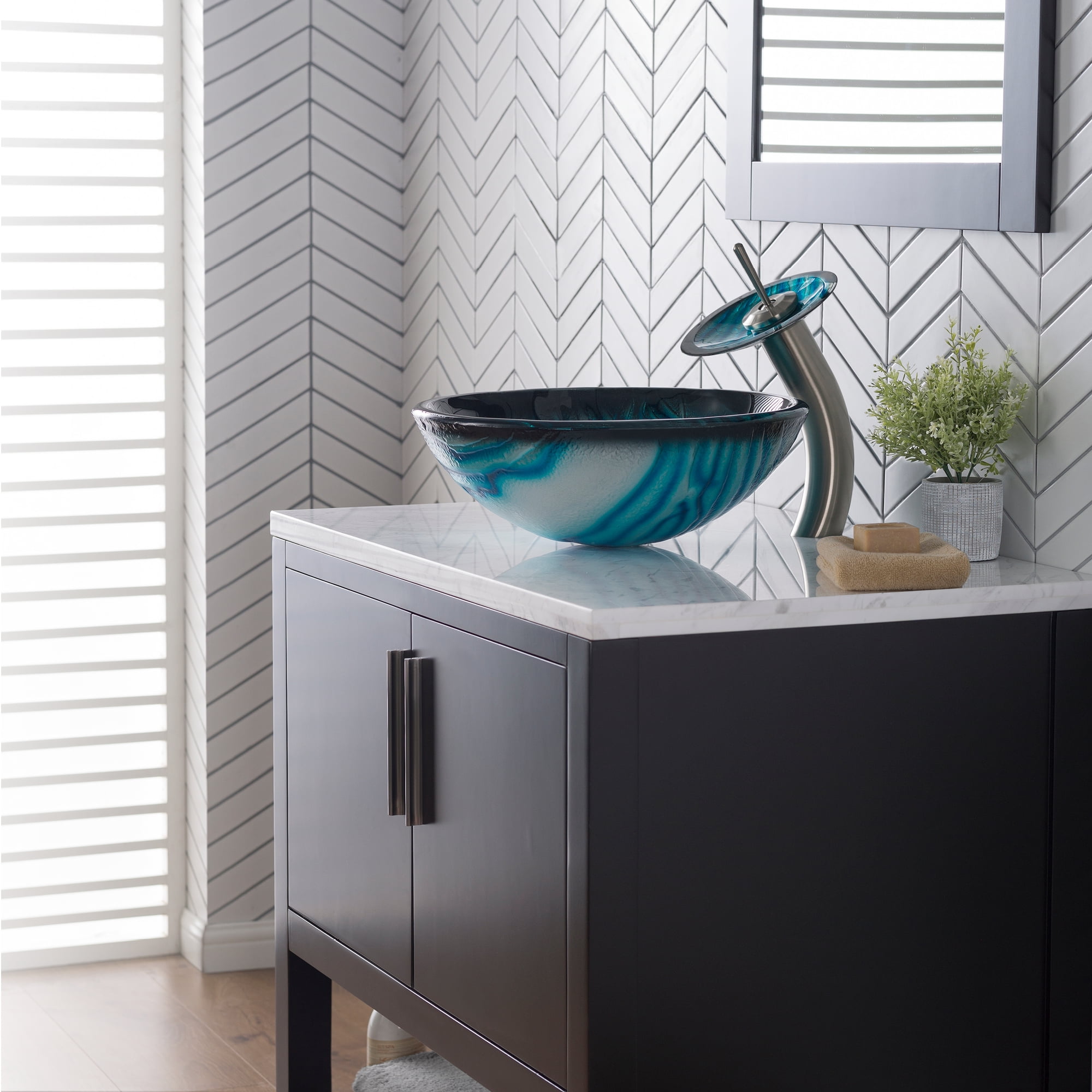 AUS Nature Series Blue Glass Bathroom Vessel Sink and Waterfall Faucet Combo Set with Matching Disk and Pop-Up Drain, Satin Nickel Finish