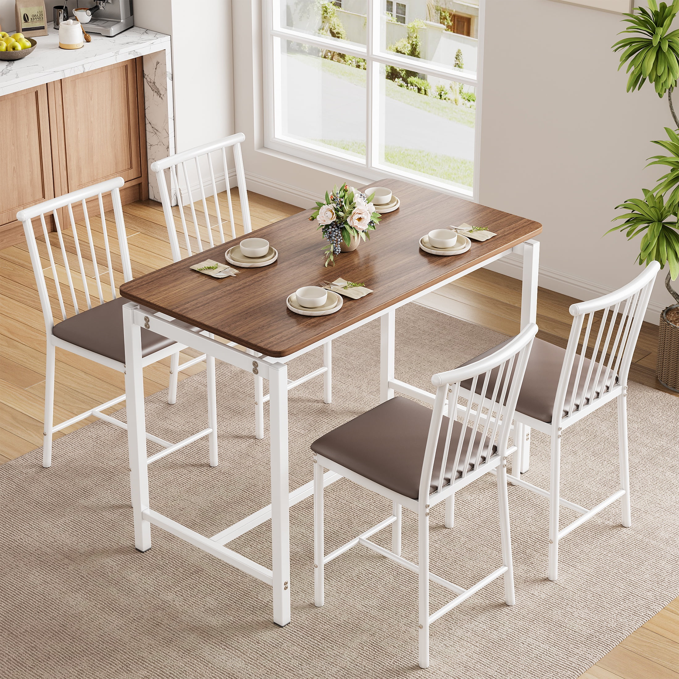 PORKISS Counter Height Dining Set for 4, Breakfast Bar Table Set with Table and 4 Leather Cushion Chairs, Wood Top Pub Table & Chair Set for Kitchen Apartment Bistro, Brown+White