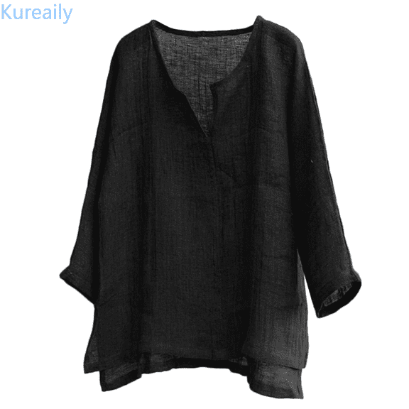 Kureaily Men's Casual Linen Cotton Tops Baggy Solid Color Long Sleeve Tee Summer Loose V-Neck Shirt