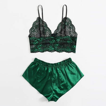 Women s Lingerie  Lingerie for Women Plus Size  Sexy Lace Lingerie Set for Women Silk Pajamas Sleep & Lounge  Naughty Thong  Sling Top and Shorts Pajama Set Soft  Green(XXL)