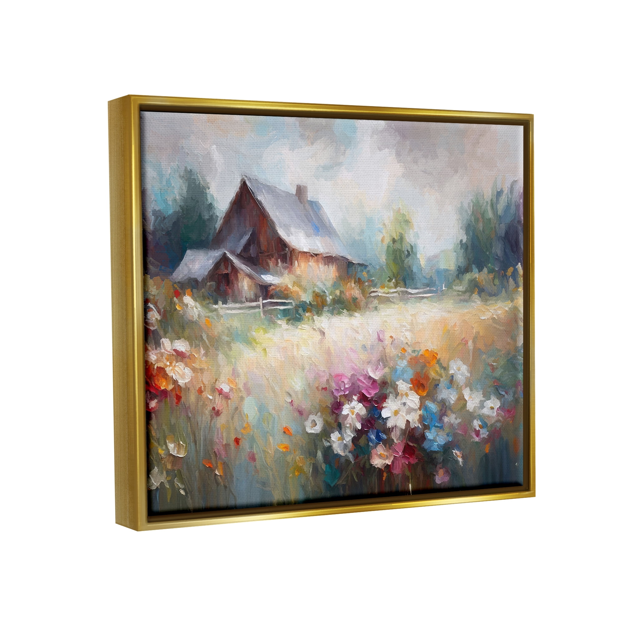 Stupell Industries Grey Rustic Countryside Landscape Painting Gold Floater Framed Canvas Art Print Wall Art, 21 x 17