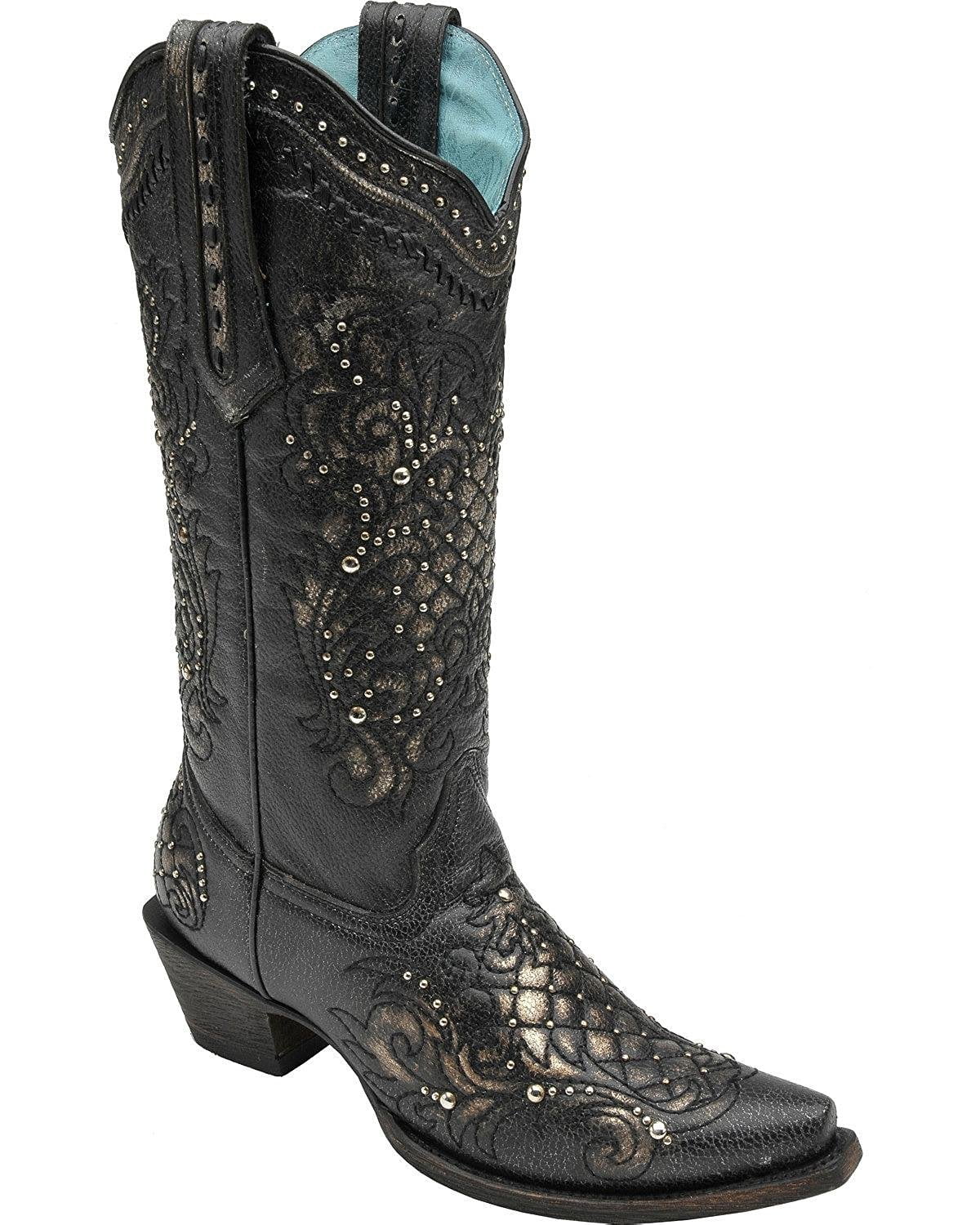 CORRAL Women's Metallic Black Studded Lace Snip Toe Cowgirl Boots C2887 ...