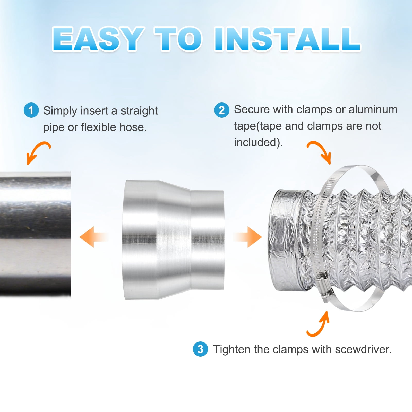 Uxcell 2 Pcs Duct Reducer (6'' to 4'') - Aluminum Alloy Air Ducting Reducer Increaser Round Metal Duct Adapter Inline HAVC Pipe Fitting for Exhaust Fan/Blower/Ventilation Systems, Silver