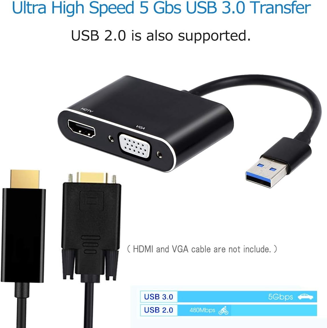 2 in 1 USB To VGA HD Adapter, USB 3.0/2.0 To 4K HD/HD 1080P VGA Adapter, PC Video Graphics Cable Converter