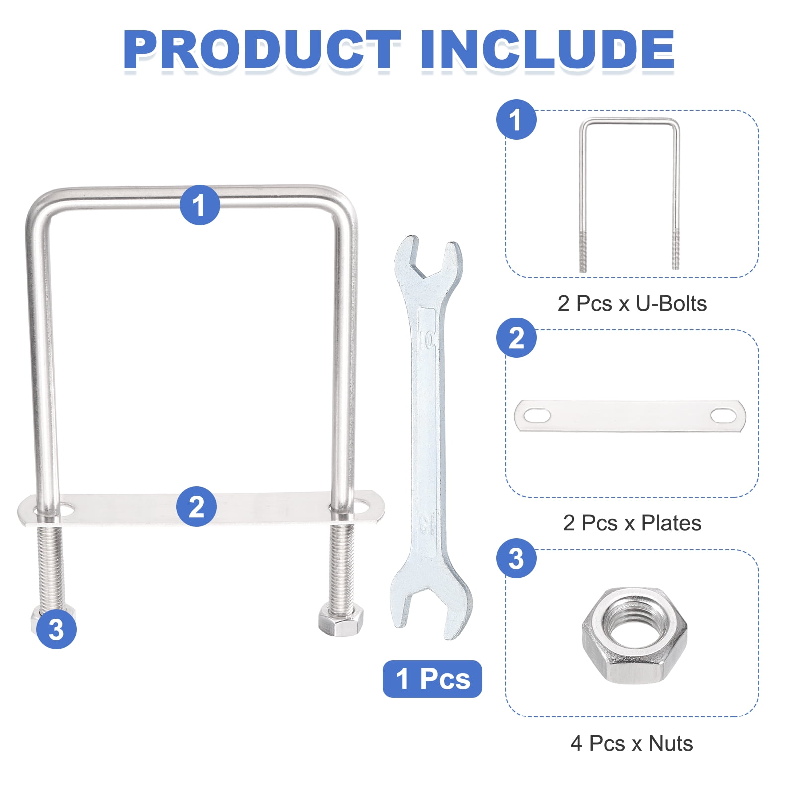Uxcell 2 Sets M10 Square U-Bolts, 3.98" Inner Width 7.09" Length 304 Stainless Steel U Clamp Bolts with Nuts, Plates and Wrench