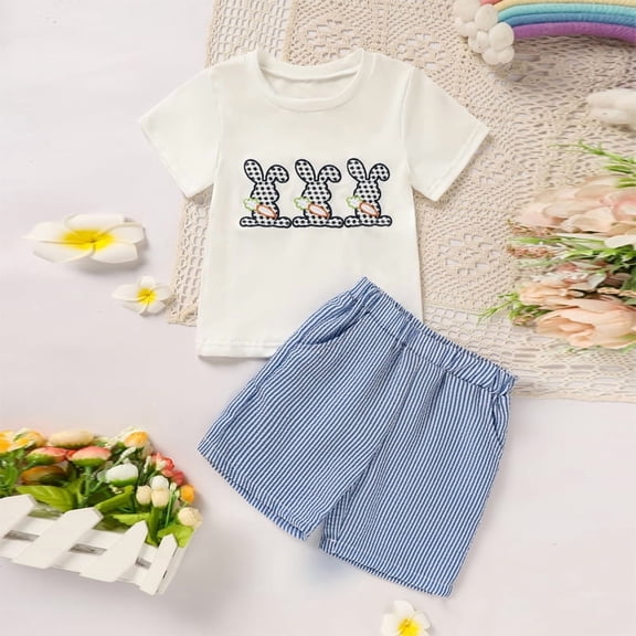 ZEHJUHAN Toddler Bunny 2-Piece Set Rabbit & Carrot Embroidery Short Sleeve T-Shirt and Striped Pocket Shorts Blue,12-18M