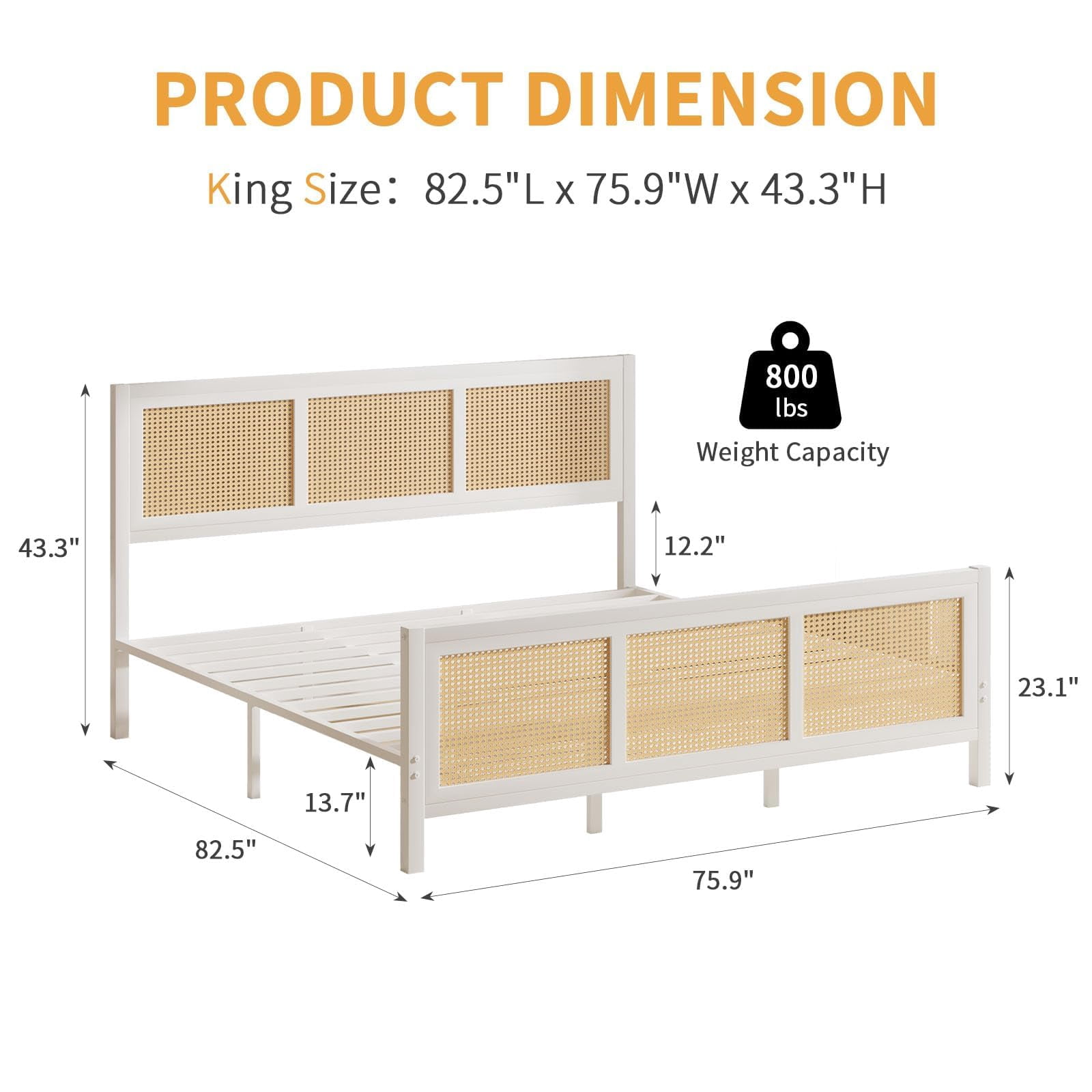4 EVER WINNER King Bed Frame, Queen Size Bed Frame with Natural Rattan Headboard and Footboard, Rattan Bed Frame for Bedroom, No Box Spring Needed, White