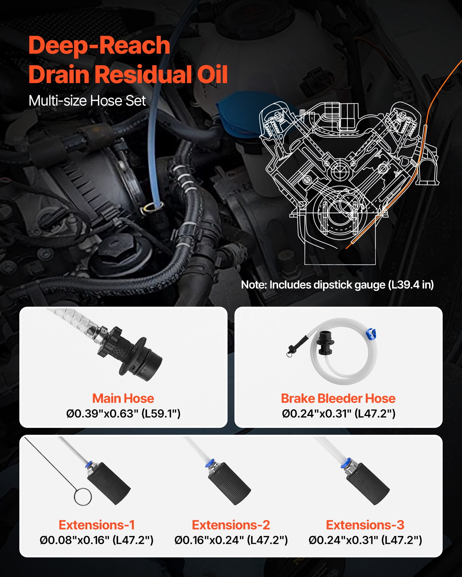 VEVOR Fluid Extractor, 9.5 L Capacity, Manual Vacuum Oil Extractor Pump with 59 in Long Horse & Three 47 in Extension Tubes, Oil Change Pump with HDPE Tank for Cars, Lawn Mowers, Boats, Motorcycles