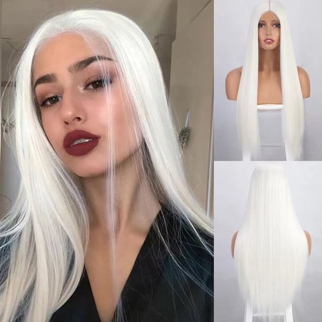 mtvxesu White Split Length Straight Hair High-temperature Silk Synthetic Fiber Wig
