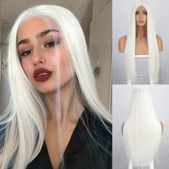 Vadktai Deals White Synthetic Lace Front Wig Straight Free Part Heat Resistant Fiber Hair Glueless Lace Wigs For Women Party Use Lace Wigs