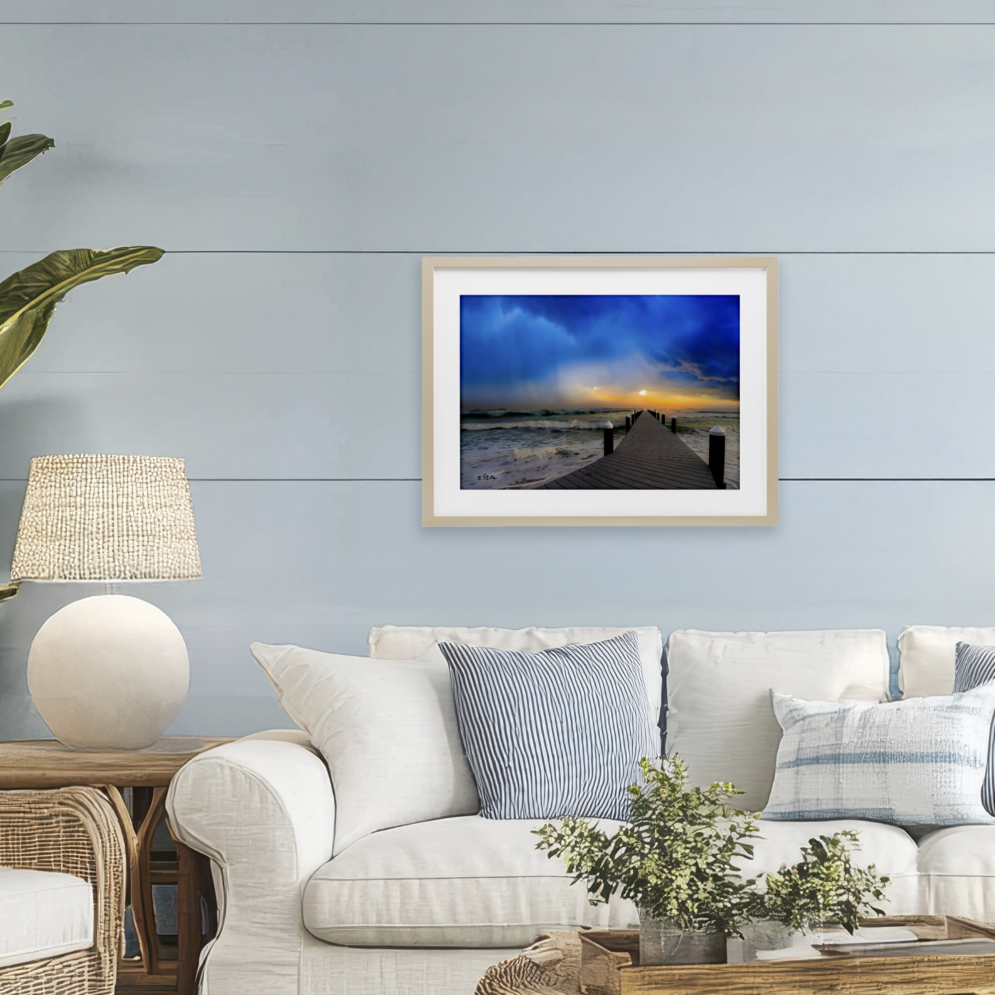 Stupell Industries Sun Breaking Over Sea Pier Birch Framed Print Under Glass, design by Eszra Tanner