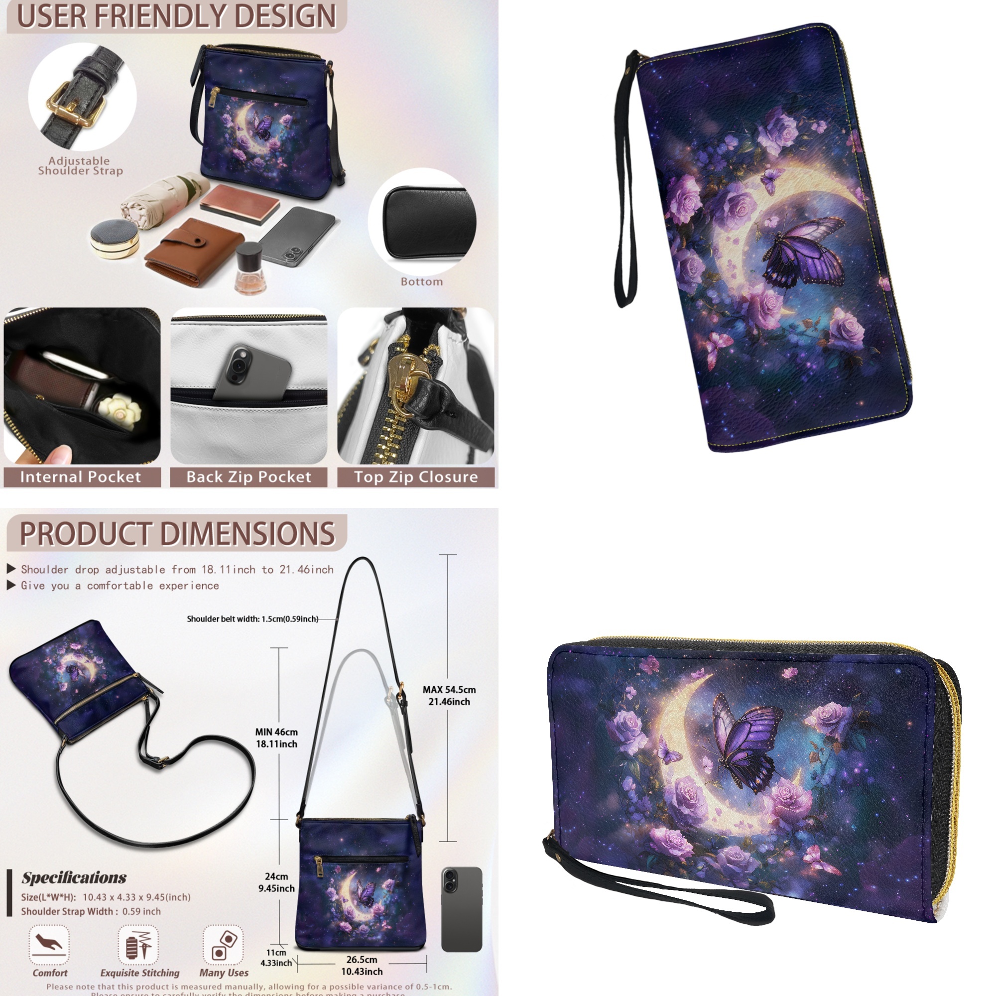 ZUXONGSY Butterfly Moon Rose Galaxy Print Stylish Crossbody Hobo Purse & Wallet Set for Women, PU Leather Satchel with Adjustable Strap for Travel & Daily Use