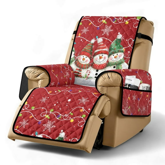 TSOVTHRID Cute Snowman Christmas Light Print Recliner Cover Non-Slip Reclining Cover with Pocket Stretch Recliner Chair Covers with Elastic Strap Washable Furniture Protector for Home Christmas Decor