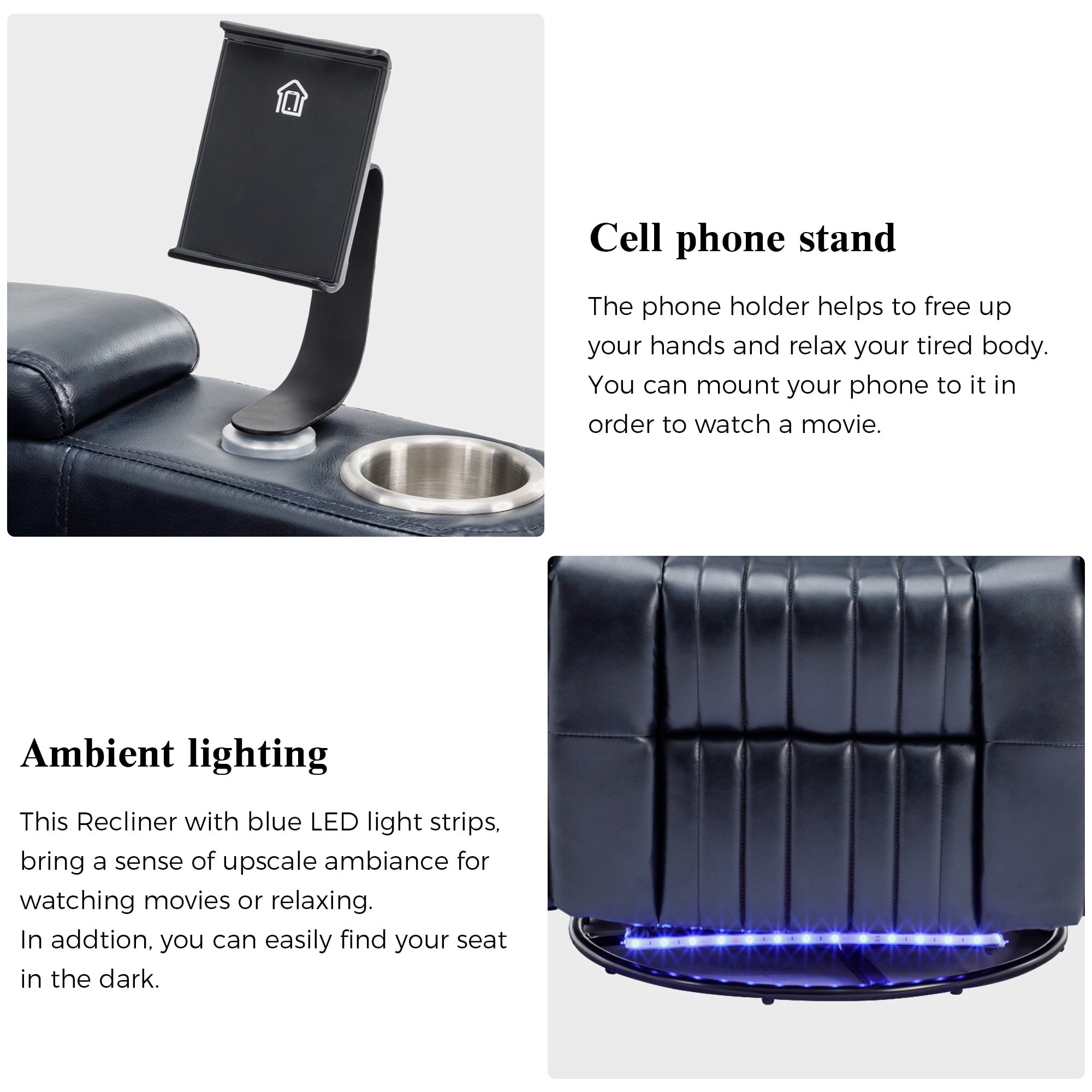 Harper & Bright Designs Electric 270° Power Swivel Recliner Chair w/ Hidden Storage & LED Lights, Home Theater Seating with Cup Holders, 360° Tray Table, Phone Holder, 270° Blue