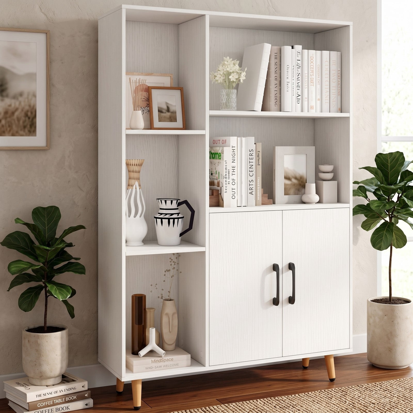 Furnibear Free Standing Pantry Cabinet with 2-Door Cabinet and 5 Open Shelves, Modern Storage Bookcase Organizer with Metal Legs for Kitchen Living Room Study, White