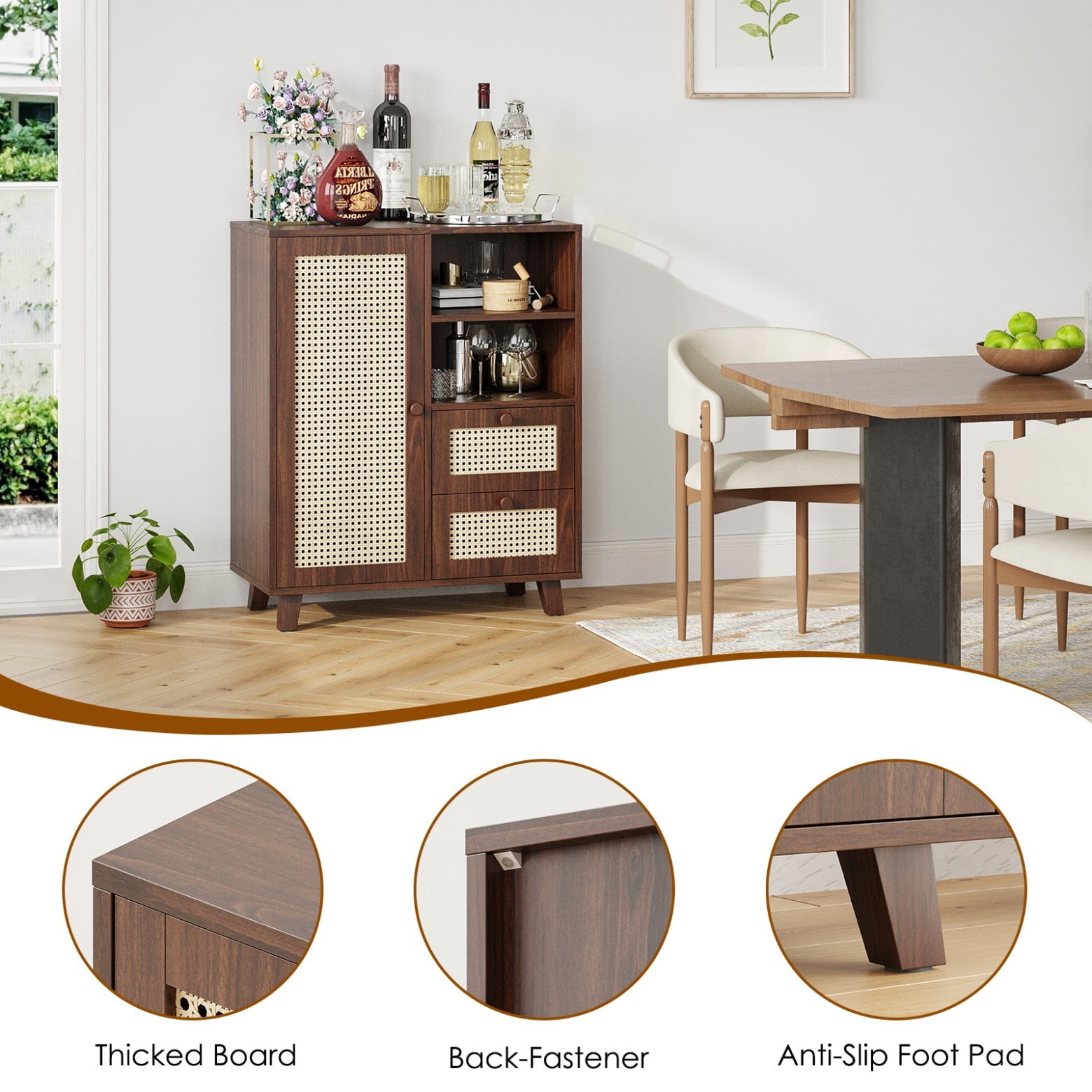Rattan Buffet Cabinet with Drawers & Adjustable Shelf, Modern Farmhouse Sideboard Storage Cabinet for Living Room, Kitchen, Entryway, Walnut
