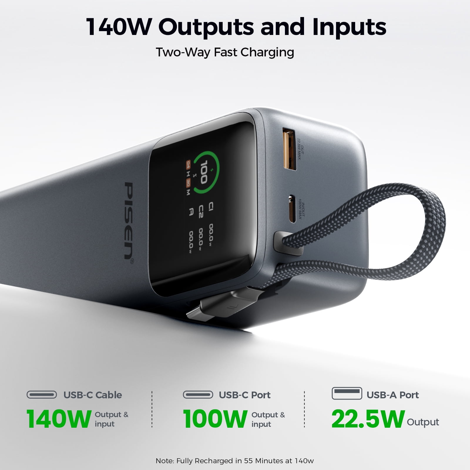 PISEN 3C Certified Power Bank, 27000mAh 240W Power Bank with Built in Cable, Travel Battery Pack Portable 3C Charger with LED Display, Portable Charger with Built in Cable for iPhone, Samsung and mor